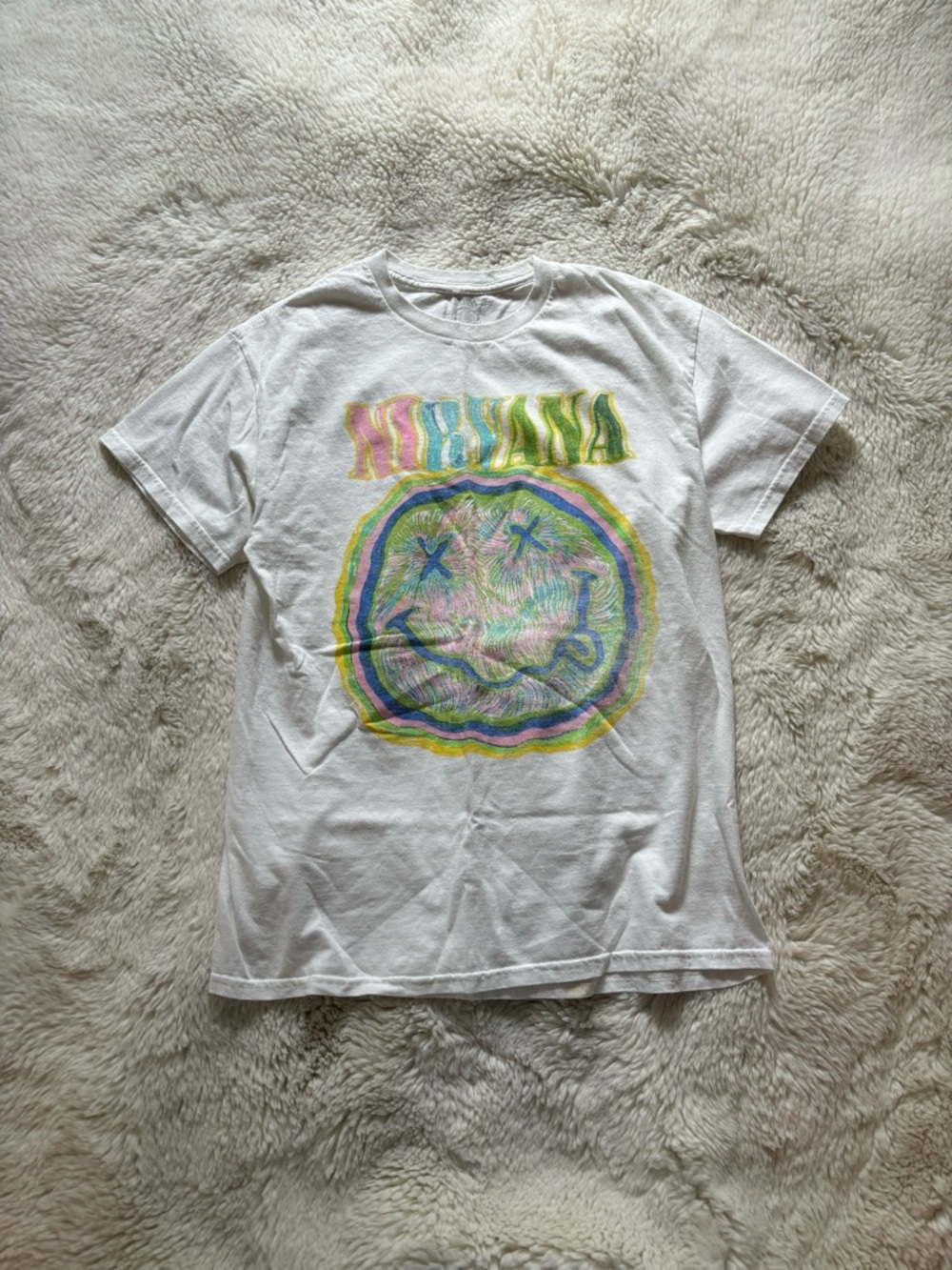 Nirvana White Smiley Logo Multi Color Graphic Print T-Shirt